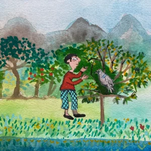 Ilustração de "O menino que quer ir até ao céu", Autoria de Teresa Torres