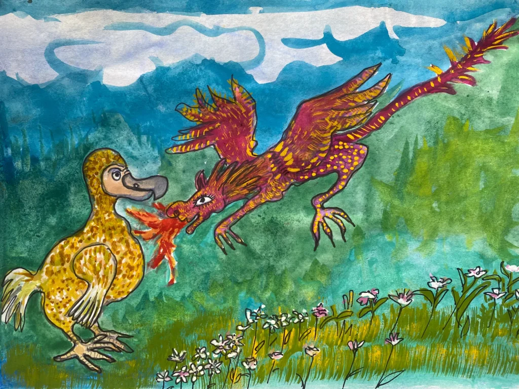 Ilustraçãode um dragão a tentar atacar um dodo.
