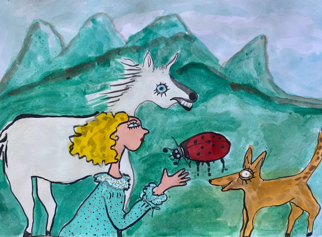 Ilustração da princesa Doroteia com o seu cavalo Rouxinol, uma joaninha e uma raposa.
