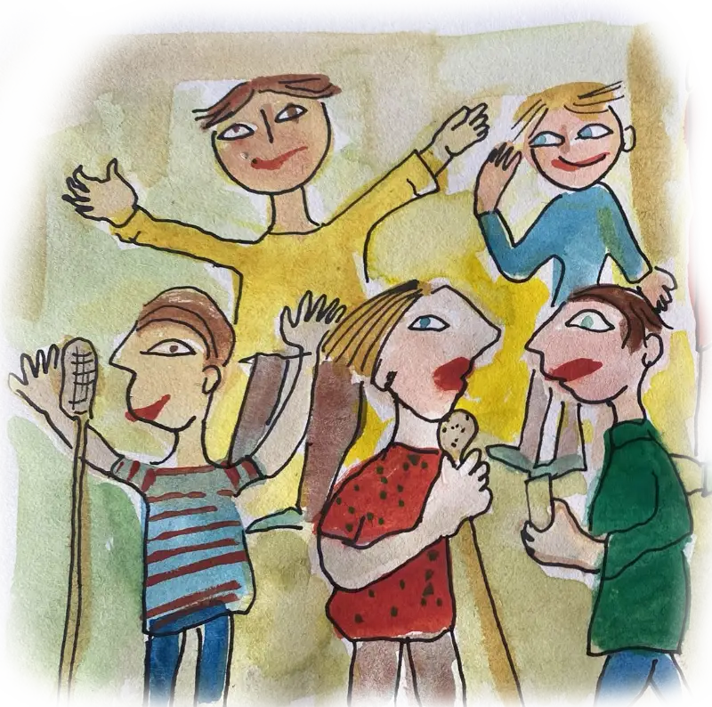 Ilustração de meninos a cantar