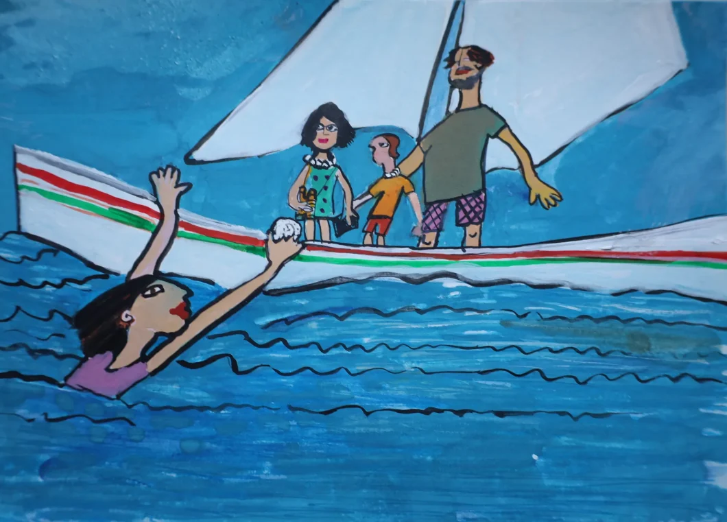 Ilustração de um veleiro. Em cima do veleiro está um pai com duas crianças e no mar está uma mãe com conchas na mão