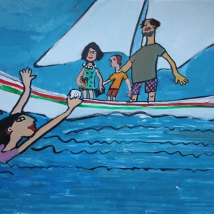 Ilustração de um veleiro. Em cima do veleiro está um pai com duas crianças e no mar está uma mãe com conchas na mão
