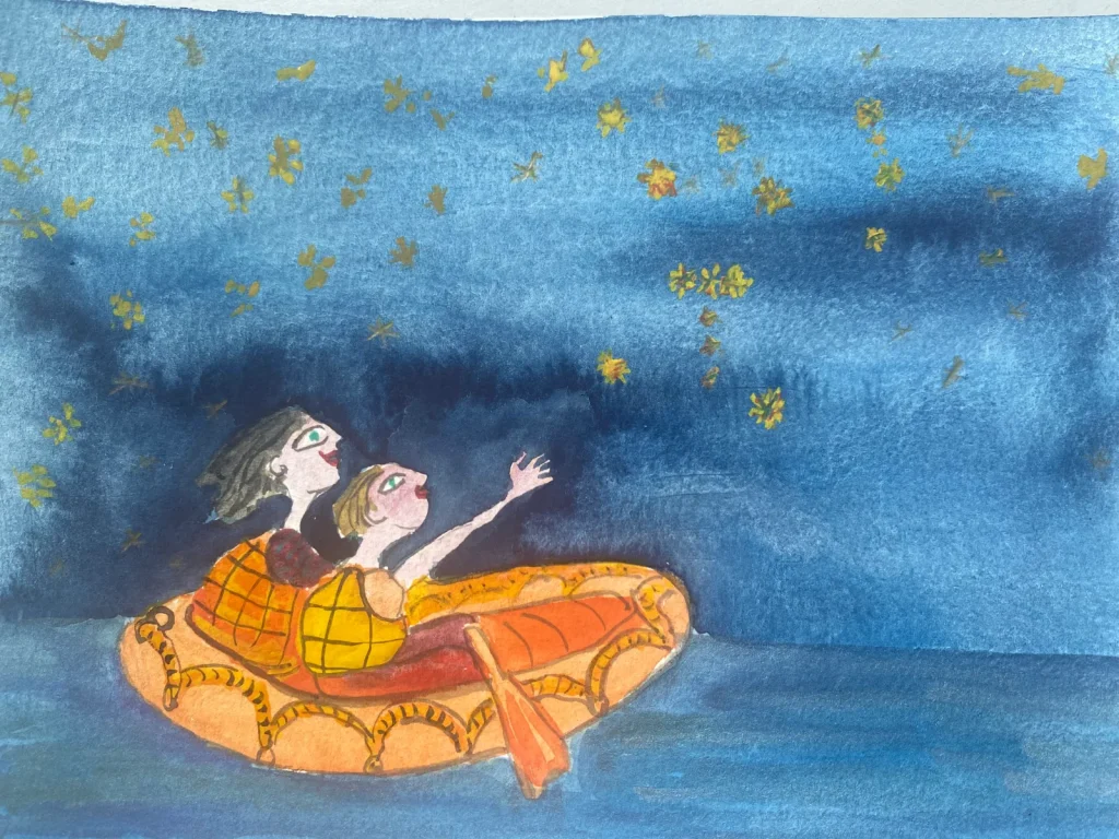 Ilustração de dois meninos no meio do oceano numa jangada salva-vidas a apontar para as estrelas