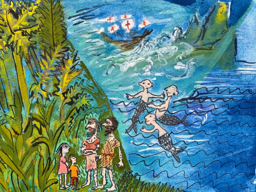 Ilustração de dois meninos, o Vicente e a Matilde, como os dois exploradores portugueses Gaspar e Miguel Corte-Real. No mar vê-se uma caravela portuguesa e trÊs sereias.