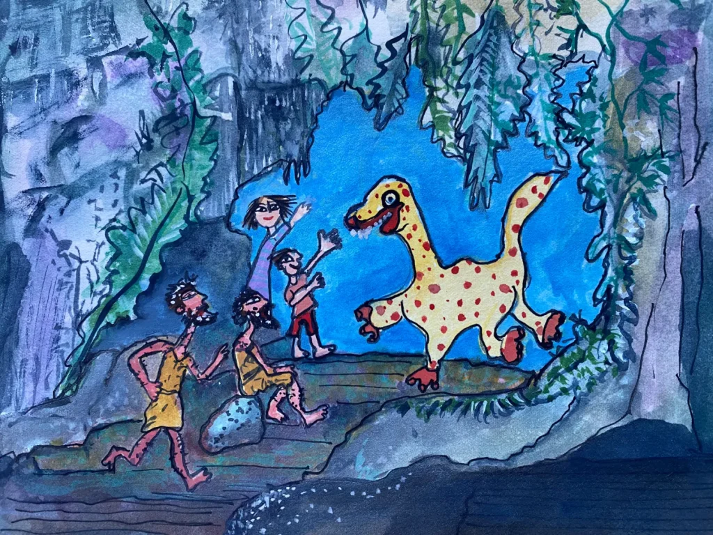 Dois navegadores portugueses, Gaspar e Miguel, com os meninos Matilde e Vicente, numa gruta com o dinossauro Bolinhas.