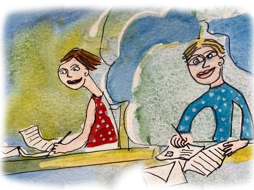 Duas crianças a escrever uma carta.