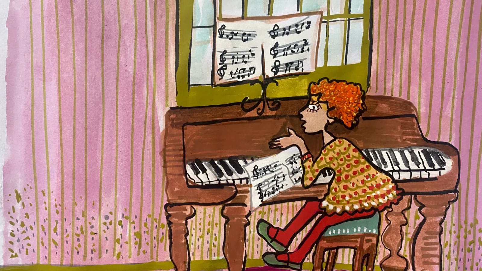 Uma menina sentada ao piano.