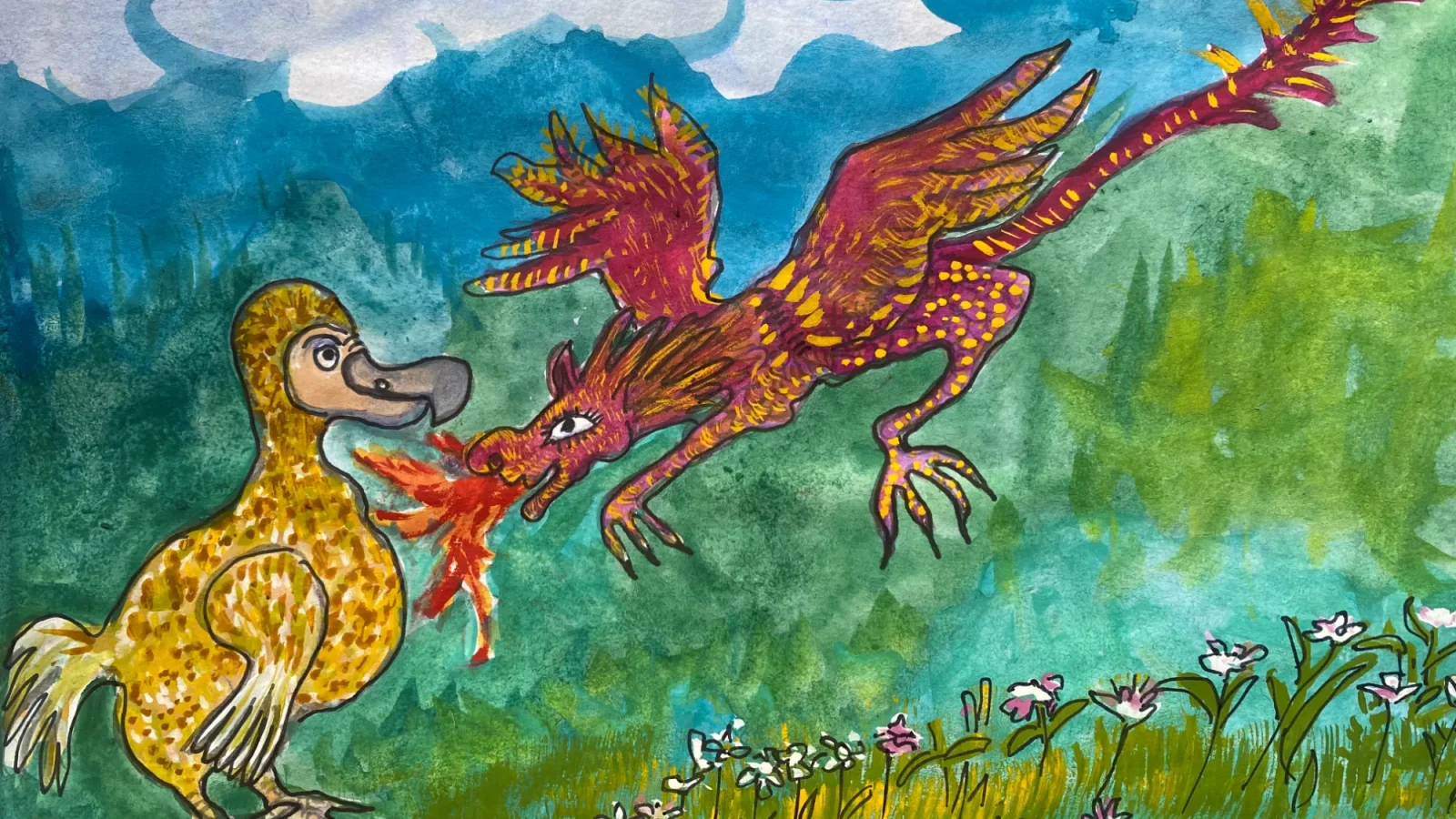 Ilustraçãode um dragão a tentar atacar um dodo.