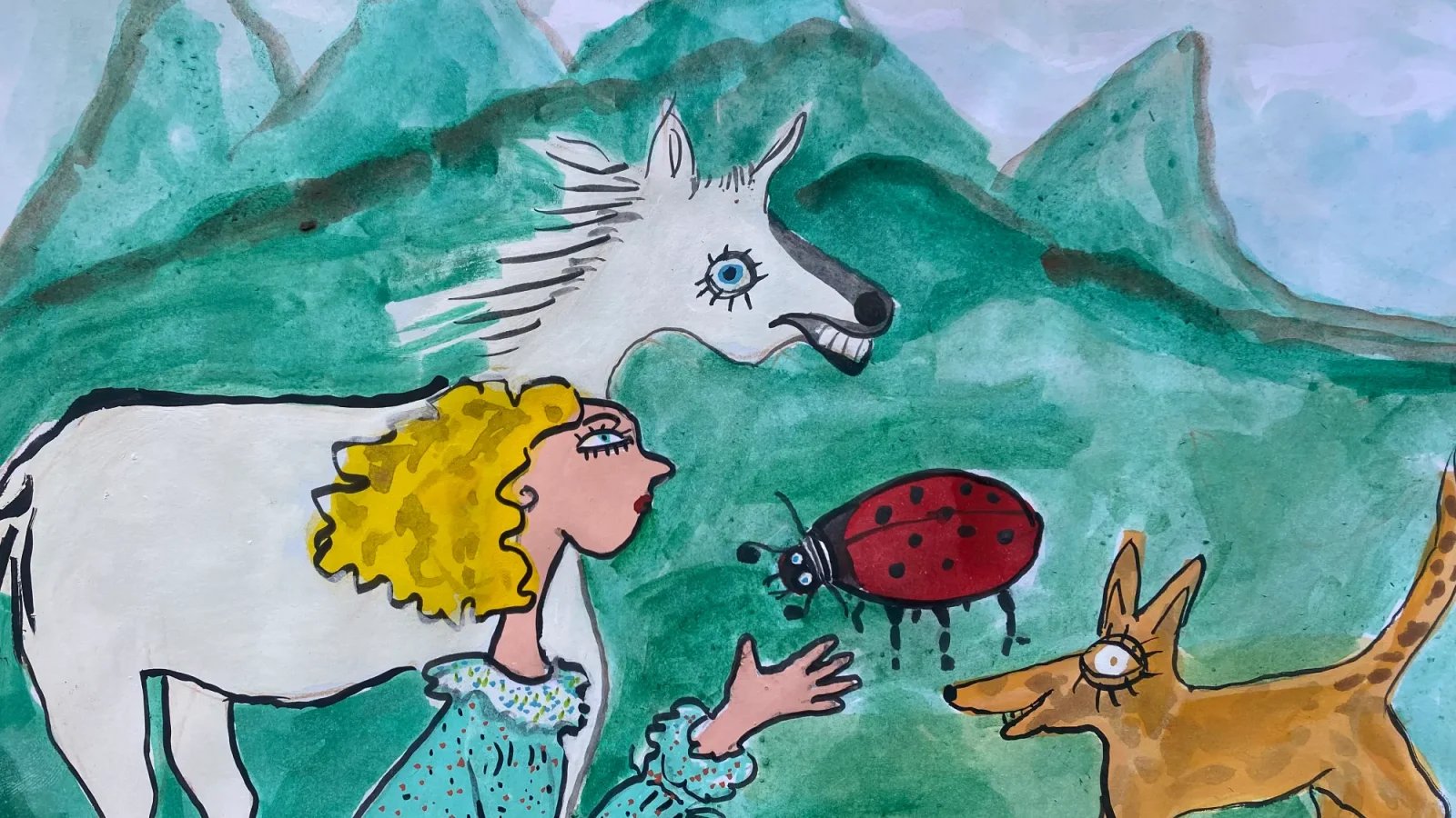 Ilustração da princesa Doroteia com o seu cavalo Rouxinol, uma joaninha e uma raposa.