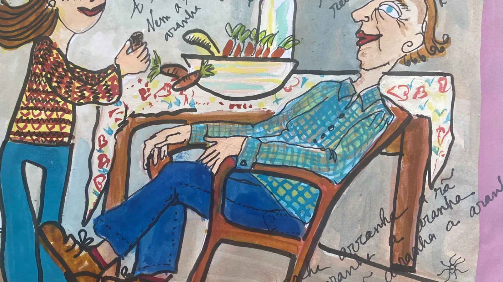 Ilustração de uma menina ao pé da sua tia.