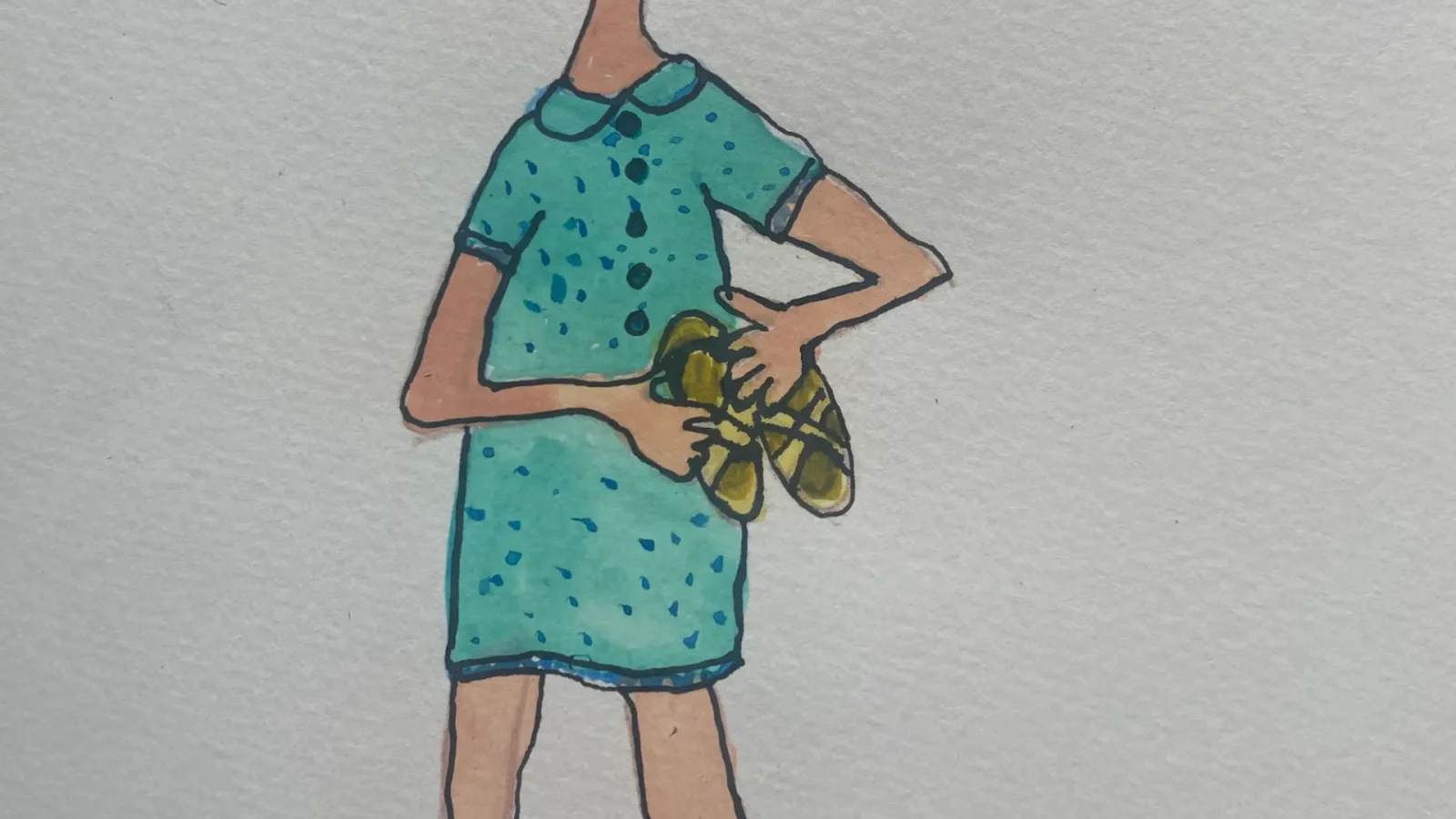 Ilustração de uma menina a segurar umas sandálias amarelas