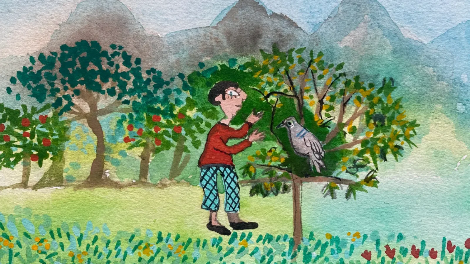 Ilustração de "O menino que quer ir até ao céu", Autoria de Teresa Torres